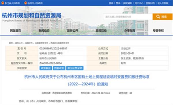 浙江省《杭州市区国有土地上房屋征收临时安置费标准(2022—2024年)》自2022年11月28日起施行